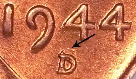 An example of a "D over S" wheat penny, Denver mint.