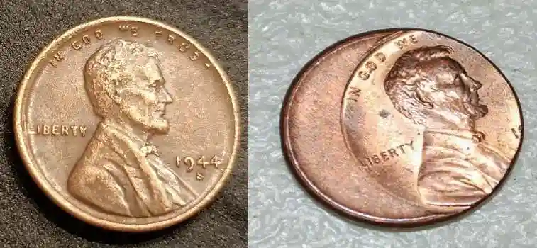 An extreme example of an off-center strike of a Lincoln cent.